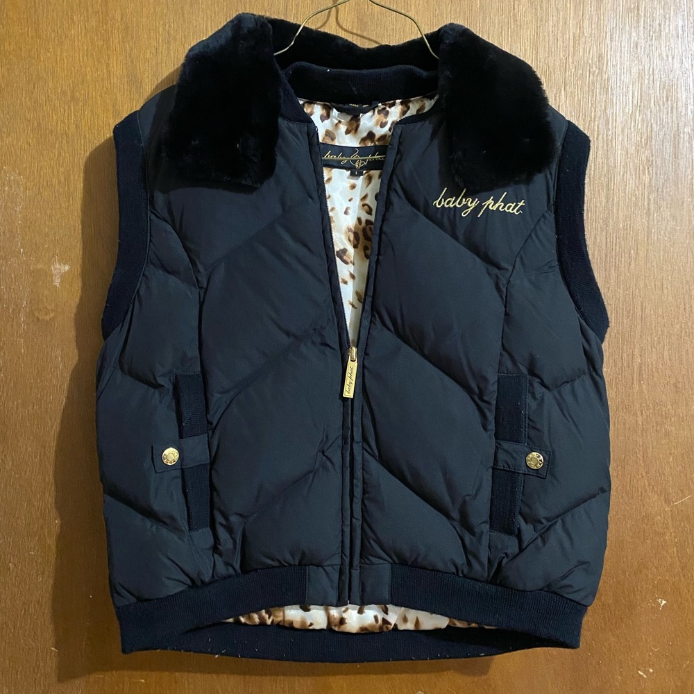 Size L Black Baby Phat puffer vest with faux fur detachable collar